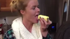 Hot blonde swallows a stick of butter SHE SWALLOWED!